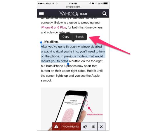 Speak option on an iPhone
