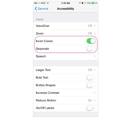 iPhone color settings screen