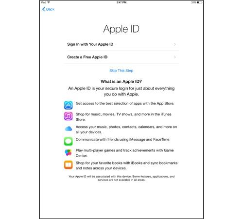 Apple ID setup screen