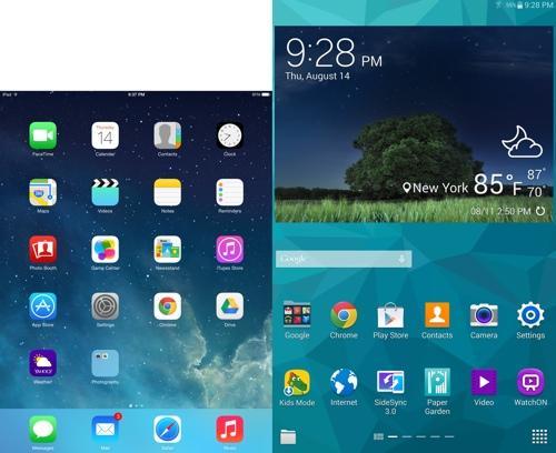 Samsung Galaxy Tab and iPad mini home screens