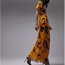 (嫻嫻屋) 英國ASOS-Topshop 黃色印花V領飄曳袖交叉鏤空背露美背長裙洋裝EF23