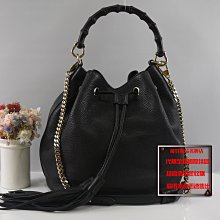 優買二手精品名牌店 GUCCI 387613 黑色 全皮 牛皮 竹節 竹結 束口 流蘇 水桶包 肩背包 手提包 兩用包 斜背包 noe II