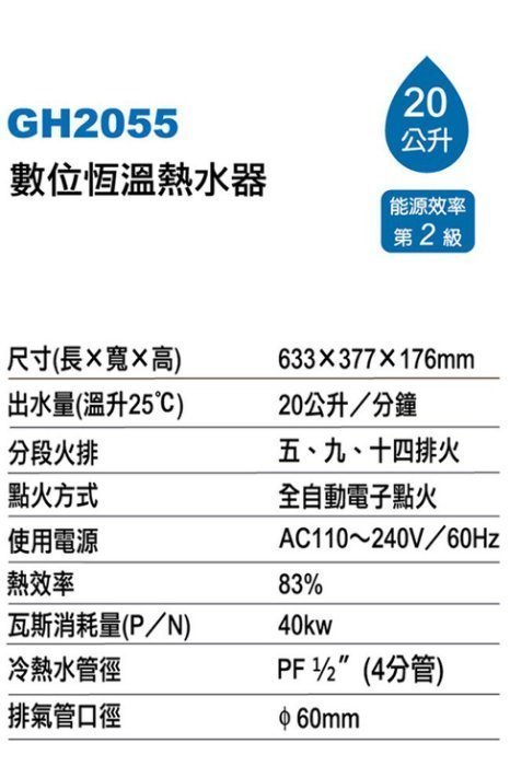 20公升【舊換新 宅配價】HCG 和成牌 20L 智慧型 數位恆溫 強制排氣 熱水器 GH-2055 GH2055