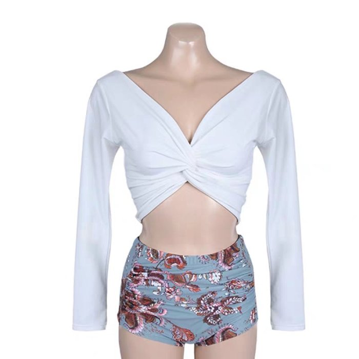 Qmi 韓國時尚新款白色分體高腰長袖防曬深V性感溫泉泳裝