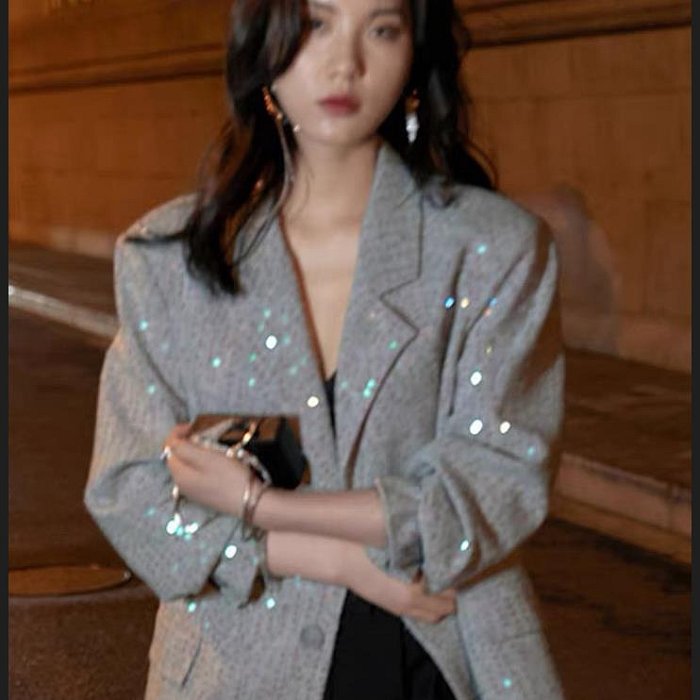【潮人衣櫃】爆 新品最新抖音港風復古韓系chic西裝外套重工亮片寬鬆洋氣減齡西裝女