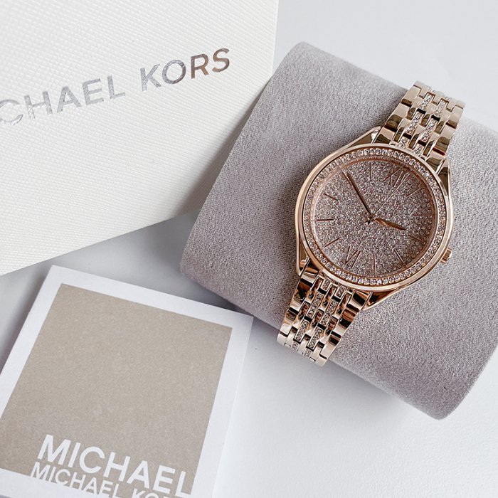 美國百分百【Michael Kors】手錶 MK7085女錶 MK 鍊帶腕錶 大logo 水鑽 玫瑰金 BO52