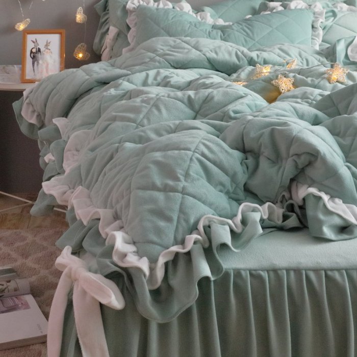 法蘭絨鋪棉床罩組 豆綠  高品質 5尺 標準雙人 兩用被毯 刷毛床罩 不掉毛 不靜電 不起球 佛你
