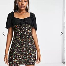 (嫻嫻屋) 英國ASOS-優雅時尚黑色圓領泡泡袖碎花印花洋裝EB23