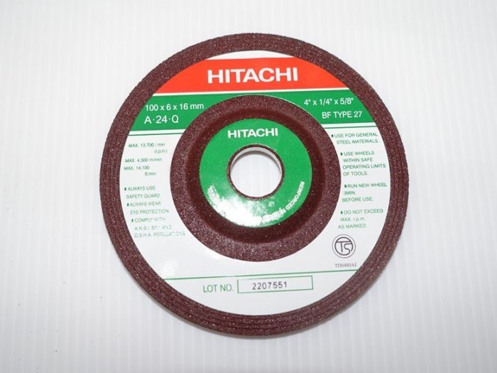 缺貨【新宇電動五金行】 HITACHI 日立 4" 砂輪片 100*6*16mm 厚切砂輪片 研磨片！(特價)