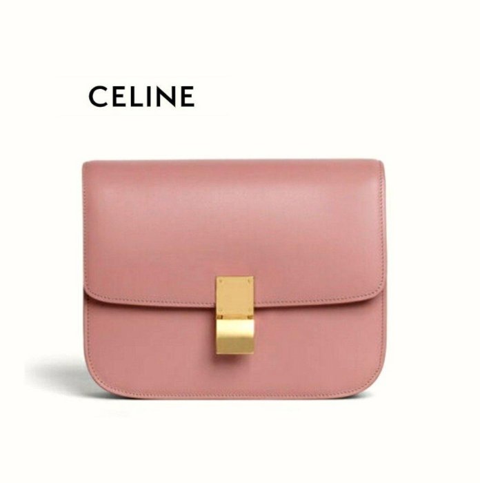 CELINE 經典款Classic Box bag ( 玫瑰粉紅色×金屬金色) 真皮肩背包