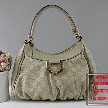 ☆優買二手精品名牌店☆ GUCCI 190525 粉筆灰白色牛皮 GG字紋壓紋老花 D環肩背包單肩背拉鍊包單槓包 美品二