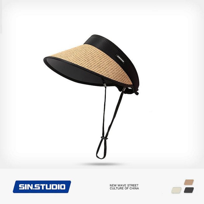 防曬黑膠夏季遮陽帽空頂草帽女大帽檐可折疊髮箍帽無頂大沿帽子