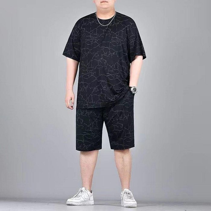 【】男士運動套裝  大尺碼男裝  夏季薄款冰絲短袖  男  洋氣寬鬆  T恤短褲套裝運動潮