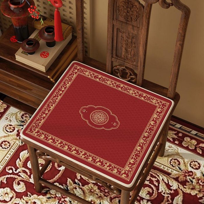 中式結婚椅墊紅色喜慶訂婚婚禮坐墊四季通用海綿墊紅木餐椅墊凳子_趣多多