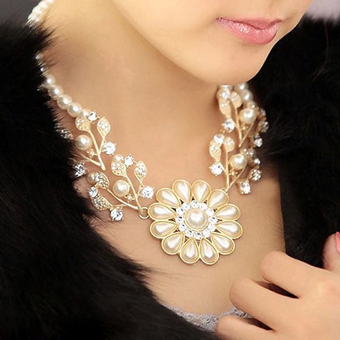 ╭✿蕾兒0509✿╮FA053-歐美潮范波西米亞大氣珍珠花朵短款鎖骨鍊項鍊