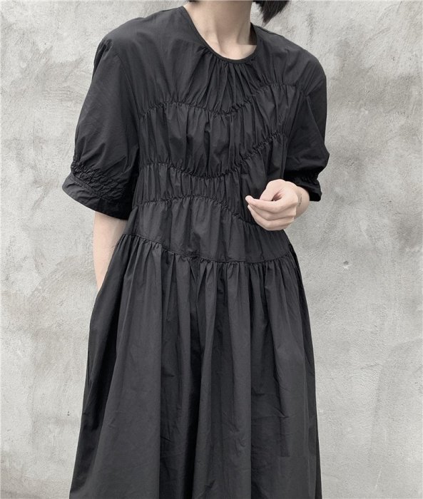 ►DR.DESIGN│DR33344-暗黑文藝 皺褶 不規則 山本風 小眾設計款 夏季 五分袖洋裝