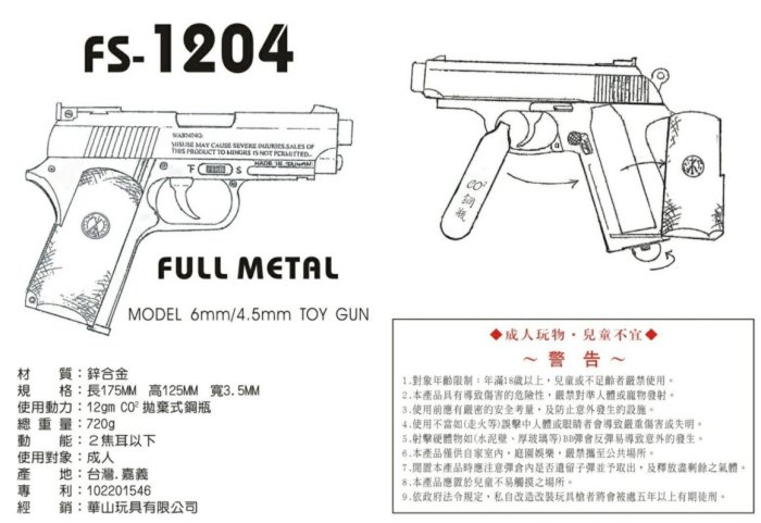 【磐石】FS 華山1204 小45 CO2槍原廠客訂零件專用賣場(現貨供應)