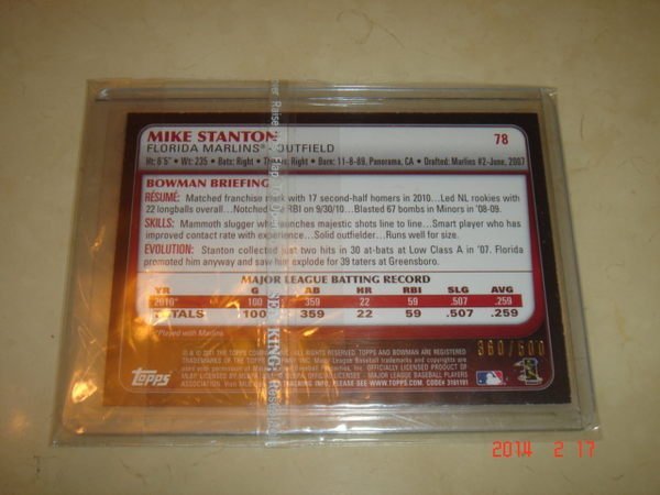 美國職棒  Giancarlo Stanton ( Mike Stanton )  2011 Bowman Blue/500 球員卡