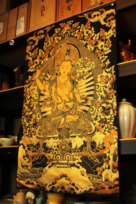 【桑園の】西藏藝術 90cm 文殊菩薩 金絲唐卡 刺繡唐卡 佛像掛飾  Q 5239