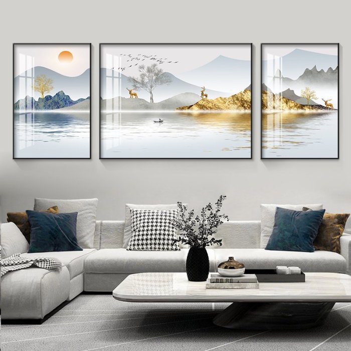 客廳裝飾畫三聯畫輕奢現代新中式山水畫沙發背景墻壁畫晶瓷畫掛畫踉踉蹌蹌促銷