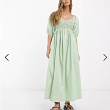 (嫻嫻屋) 英國ASOS-綠色皺褶V領泡泡袖中長裙洋裝EC23