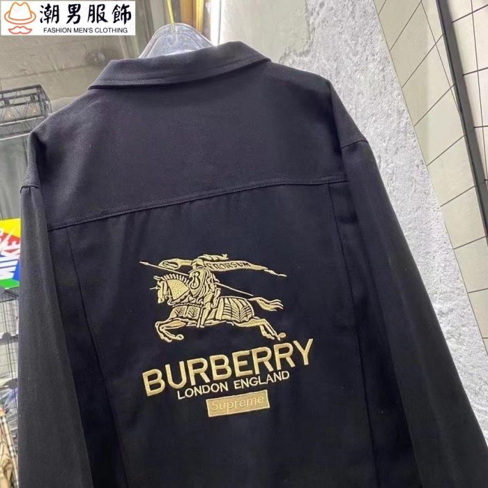 巴寶莉BURBERRY 22春秋新款休閒翻領夾克外套男潮流緊身顯瘦刺繡戰馬牛仔服~潮男服飾