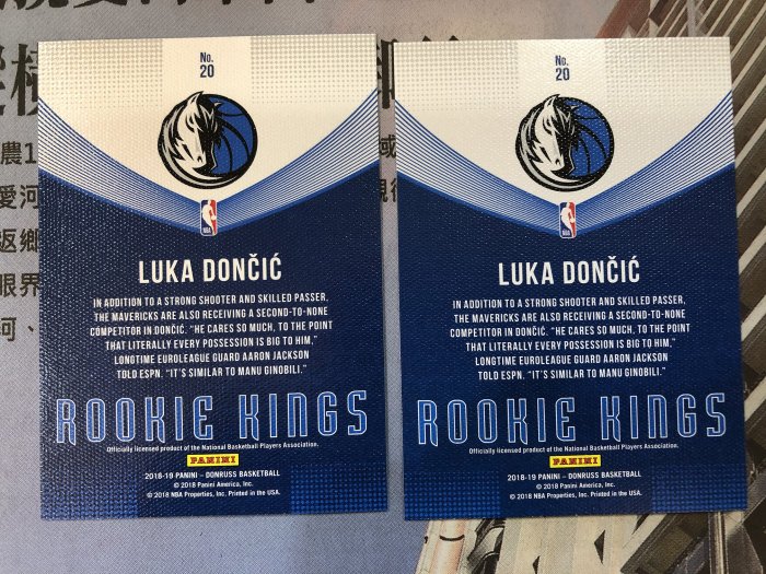 2018-19 NBA Panini Donruss 小牛隊 Luka Doncic 新人卡(金版.銀版兩張一起賣)