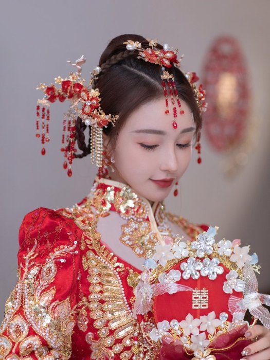 新娘結婚發飾中式古風秀禾眉心墜古典秀禾服古裝婚禮紅色系頭飾品-主推款