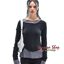 小V私家~ MK 2023新款 小眾品牌 JENNIE 彈力修身 女の假兩件長袖T恤上衣 (L1441)