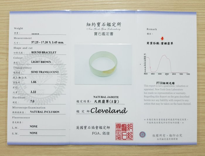 【天然緬甸玉A貨 冰種 蜜糖黃 灑金花 寬版 翡翠手鐲、玉鐲、平安鐲＃16.5圍】【臺灣-紐約珠寶鑑定証書】順昌B215