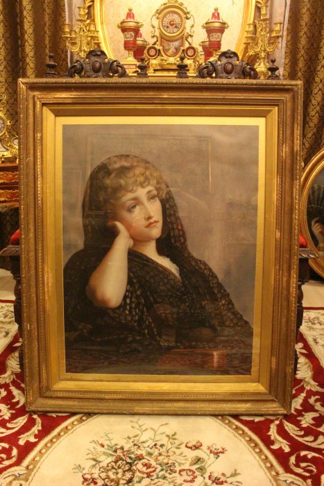 【家與收藏】(已售）特價賠售稀有珍藏歐洲古董英國古典優雅沉思仕女肖像大幅掛畫