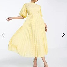 (嫻嫻屋) 英國ASOS -優雅時尚黃色高領泡泡袖百褶中長裙洋裝禮服AB24