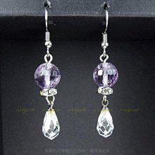 珍珠林~垂墜式耳勾耳環~9MM多角天然紫水晶搭配多角天然水滴白水晶#373+13