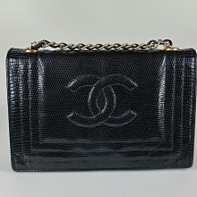 「活動促銷價」香奈兒 Chanel vintage 蜥蜴皮 口蓋包 釘扣 20公分  原裝內裡 皮穿鏈