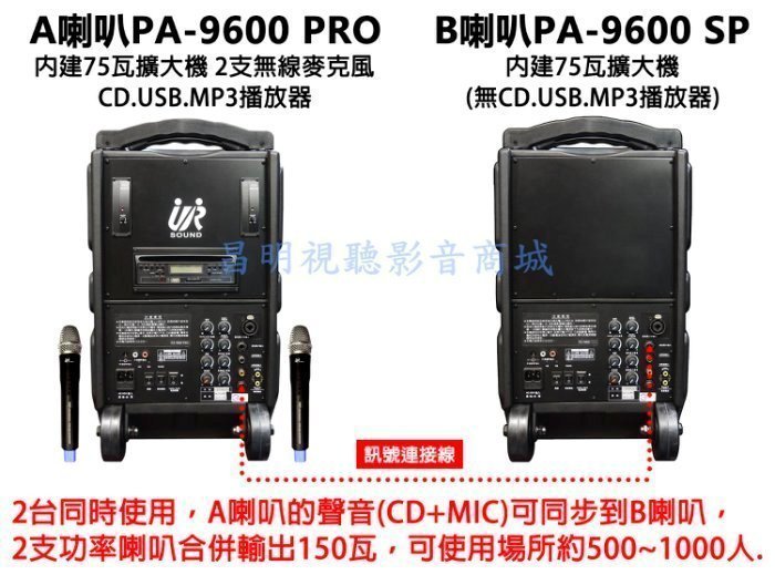 【昌明視聽】普洛咪 UR SOUND 大型攜帶式移動擴音喇叭 PA-9600 PRO 藍芽接收版 充電式 2組腰掛+耳掛