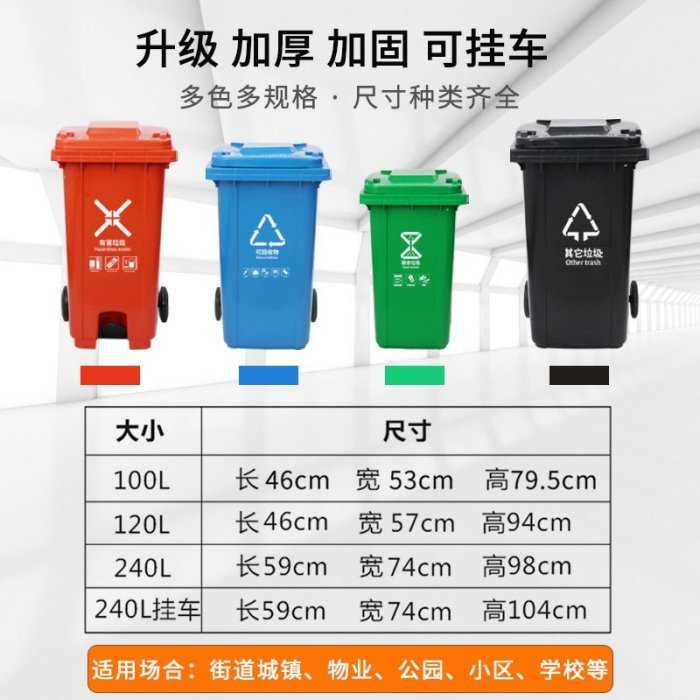 下殺 120L四色分類垃圾桶大號容量戶外可回收帶蓋廚余商用餐廚干濕垃圾