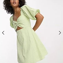(嫻嫻屋) 英國ASOS-綠色緹花紋扭結甜心領泡泡袖洋裝ED23