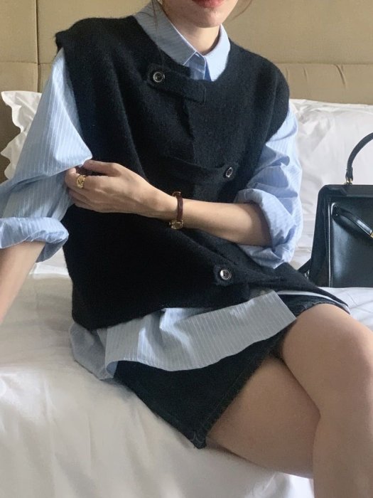 韓國3色🔺繫扣不規則毛呢疊穿背心➰ 長袖襯衫