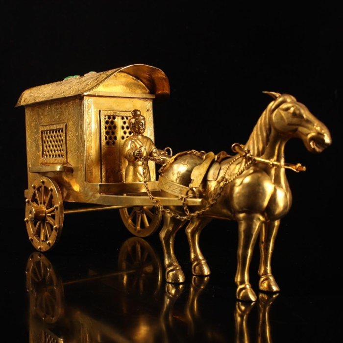 出土唐代純銅純手工打造鎏真金馬拉車重2000克長39厘米高13厘米1800 