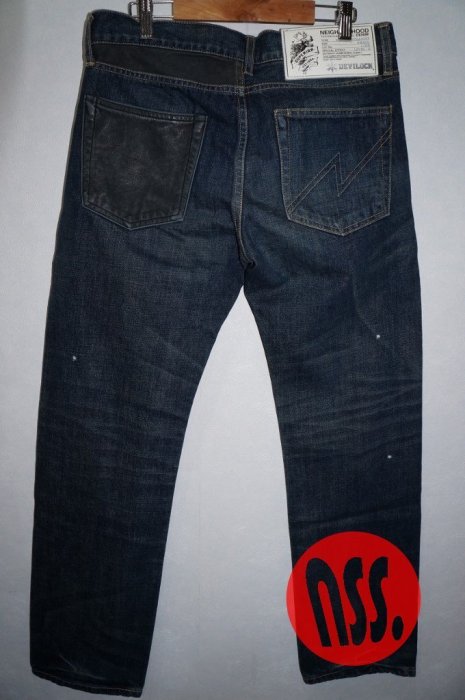 「NSS』NEIGHBORHOOD DEVILOCK  DENIM PANTS 聯名 破壞 牛仔褲 窄版 S 皮革