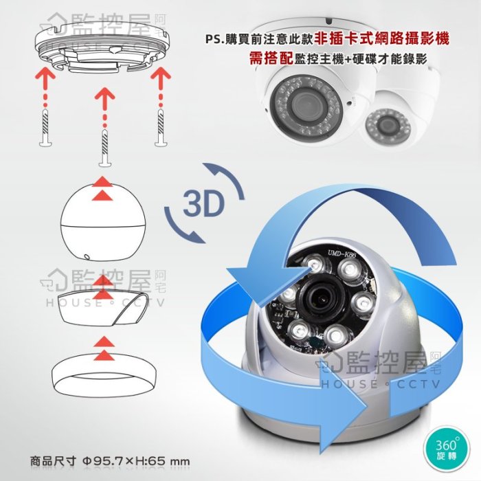 【阿宅監控屋】SONY IMX323 1080P 300萬鏡頭 吸頂球型紅外線攝影機 變壓器 監視器 DVR/XVR