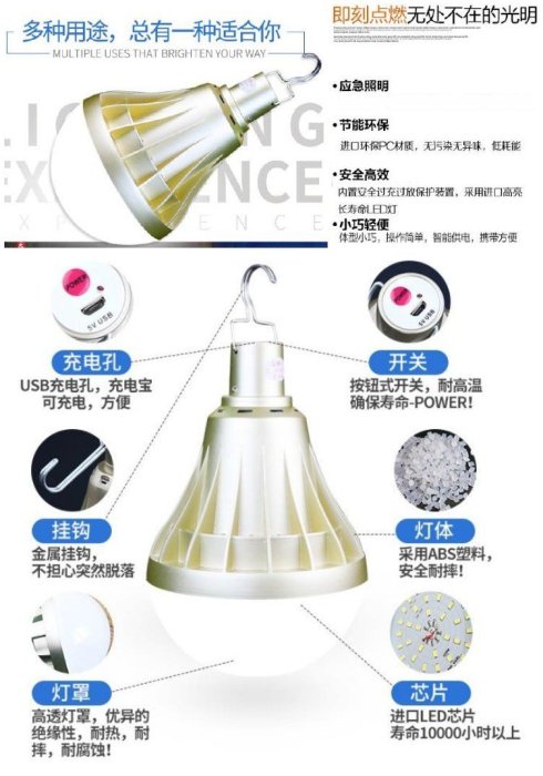 【購生活】白光 黃光 70W 自帶裡電 充電式LED燈泡 充電燈泡 USB燈泡 露營燈 工作燈 吊掛燈 LED照明燈