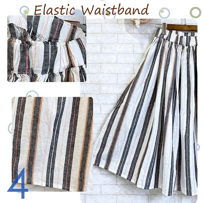 Striped Linen Blend Skirt 赫本風抓皺輕盈涼感棉麻條紋長裙-灰條紋 Size F