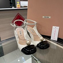 ⭐️ 香榭屋精品店 ⭐️ Miu Miu 黑拼白亮面皮革大珍珠瑪麗珍鞋 35.5號 (XB9918)