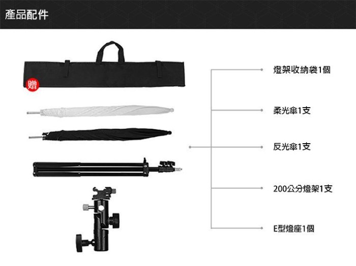 團購網@離機閃光燈架套組(收納袋+黑白傘+E型燈座+燈架) 燈棚 傘架 閃燈熱靴座 固定座 柔光傘 反光傘 全新現貨