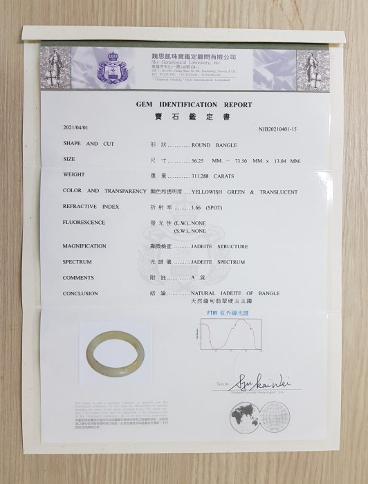 【天然緬甸玉 A貨 冰種 蜜糖黃 灑金花 翡翠手鐲、玉鐲、平安鐲 ＃18圍】【臺灣-魏思凱珠寶鑑定証書】順昌B239