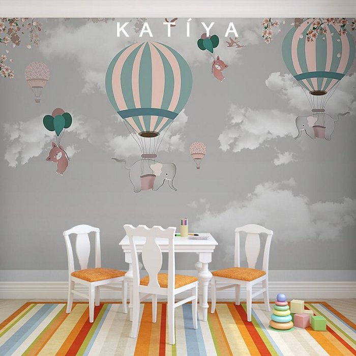 katiya北歐大象卡通兒童房背景墻壁紙熱氣球墻布臥室可愛壁畫墻布