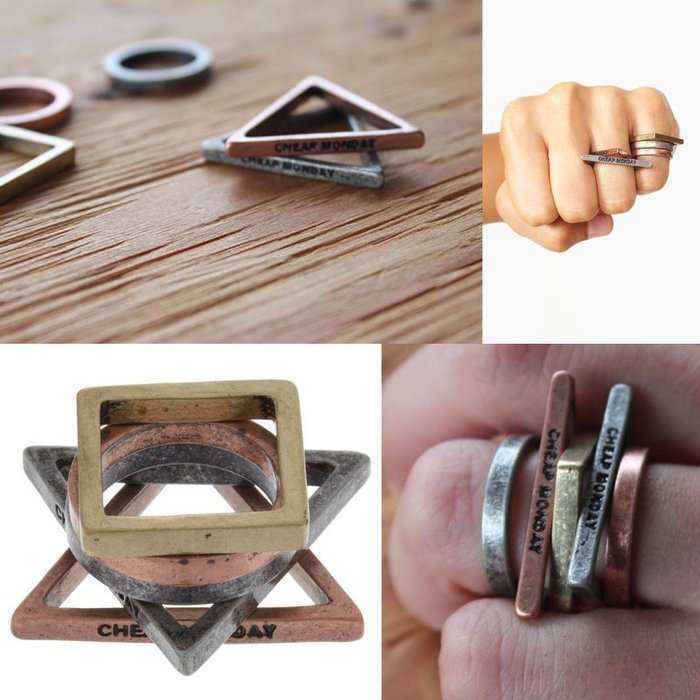 CHEAP MONDAY 瑞典設計 極簡風格 幾何戒指 一組五個 可當項鍊 圓形 方型 三角 鐵灰銀 玫瑰金 中性 現貨
