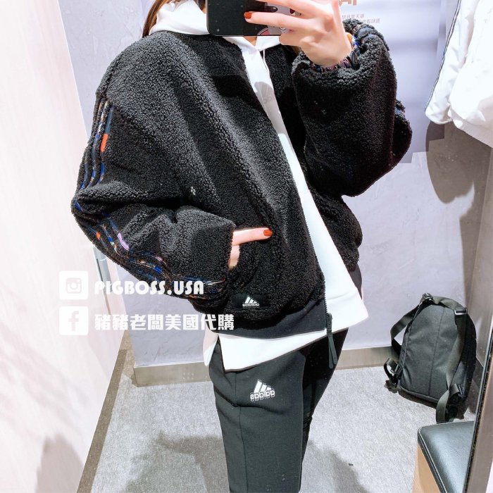 【豬豬老闆】ADIDAS BOMBER JACKET 黑 毛茸茸 雙面穿 防風 風衣 立領外套 女款 GG0770