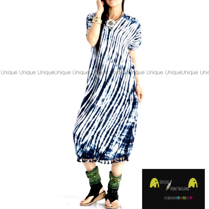 Unic＠泰國進口洋裝TD340『藍染🦋100%純棉🪴V領＿涼感❄️兩側開叉＿下擺鬚邊洋裝』異國風 超顯瘦 中長洋裝